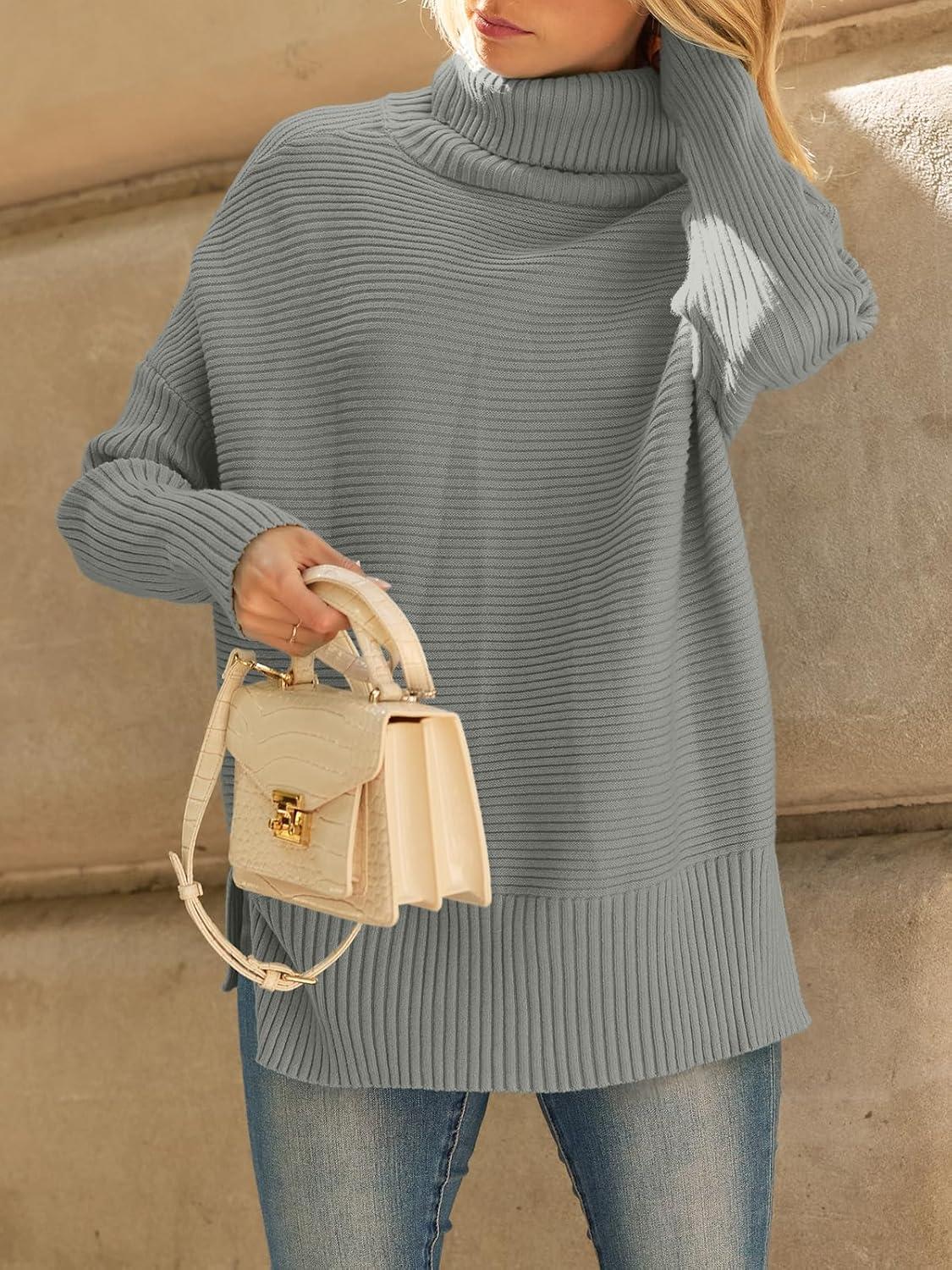 imageLILLUSORY Womens Oversized Turtleneck Sweaters Fall Batwing Sleeve Ribbed Tunic SweaterLight Grey