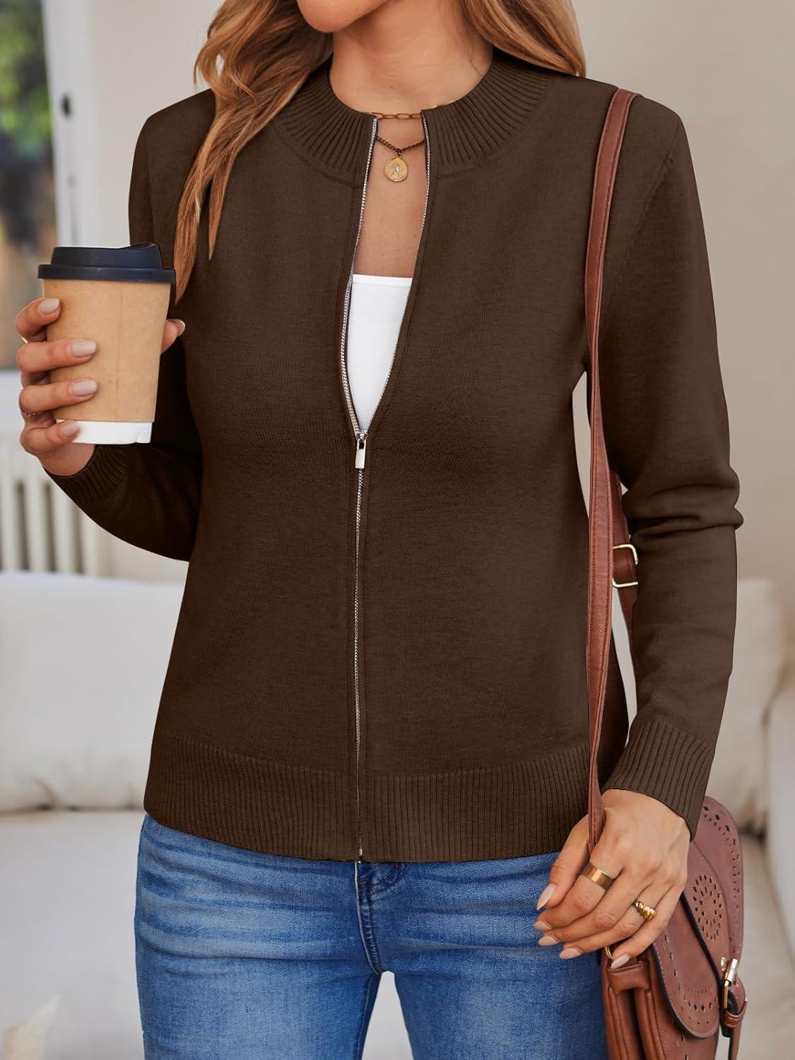 imageLILLUSORY Womens Zip Up Cardigan Sweaters Crew Neck Trendy Jackets Long Sleeve Outfits Fall Fashion 2025 Winter ClothingChocolate Brown