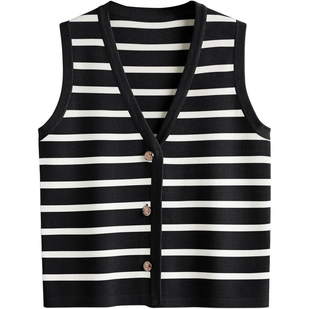 imageLILLUSORY Vest Tops for Women 2026 Summer Outfits Striped Sweaters Button Up Casual Blouses Jacket Fashion ClothesBlackwhite