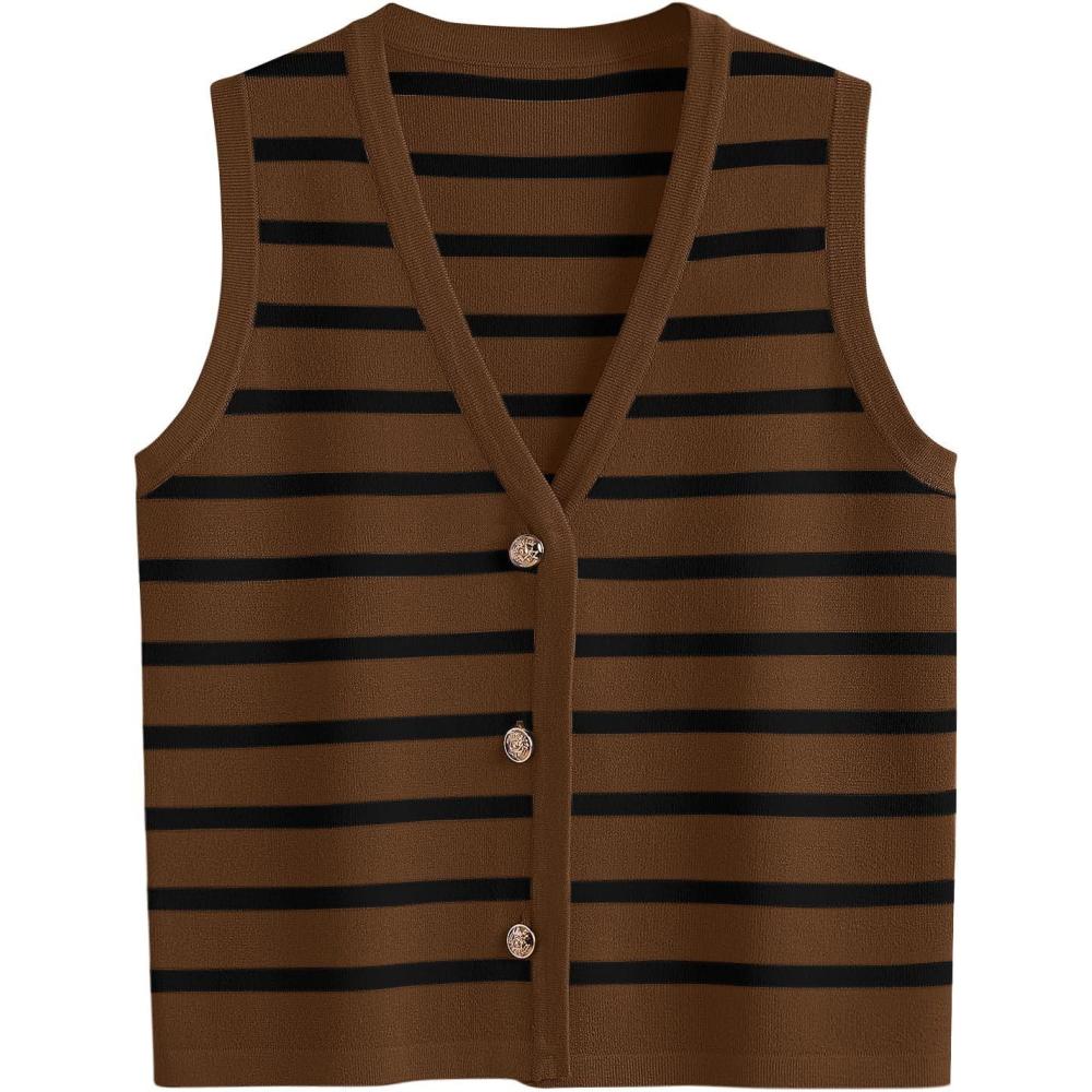 imageLILLUSORY Vest Tops for Women 2026 Summer Outfits Striped Sweaters Button Up Casual Blouses Jacket Fashion ClothesCaramelblack