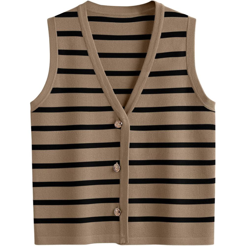 imageLILLUSORY Vest Tops for Women 2026 Summer Outfits Striped Sweaters Button Up Casual Blouses Jacket Fashion ClothesKhakiblack