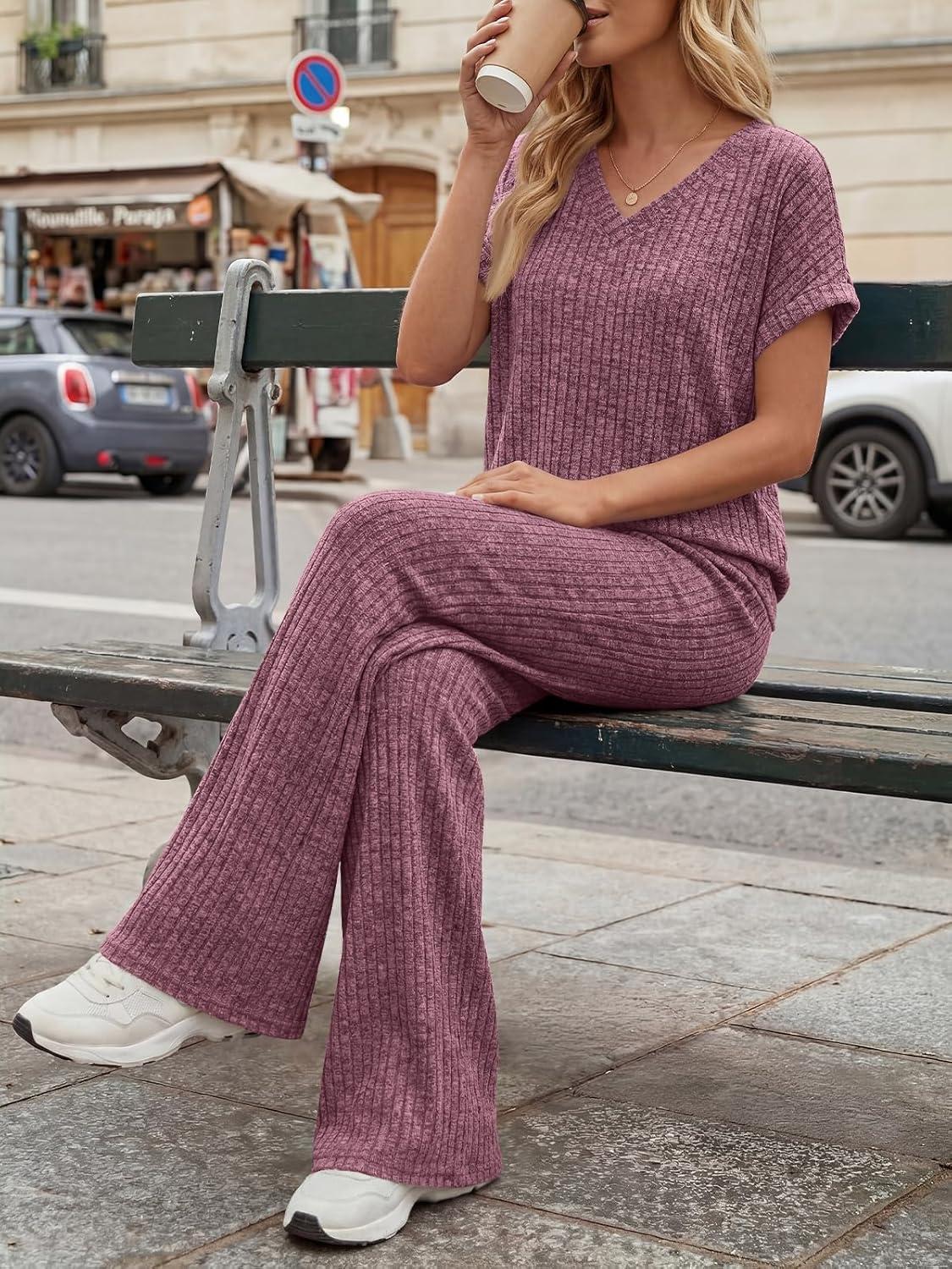 imageLILLUSORY Womens 2 Piece Lounge Sets 2026 Summer Vacation Outfits Airport Travel Resort Wear Beach Matching Spring SweatsuitBurgundy