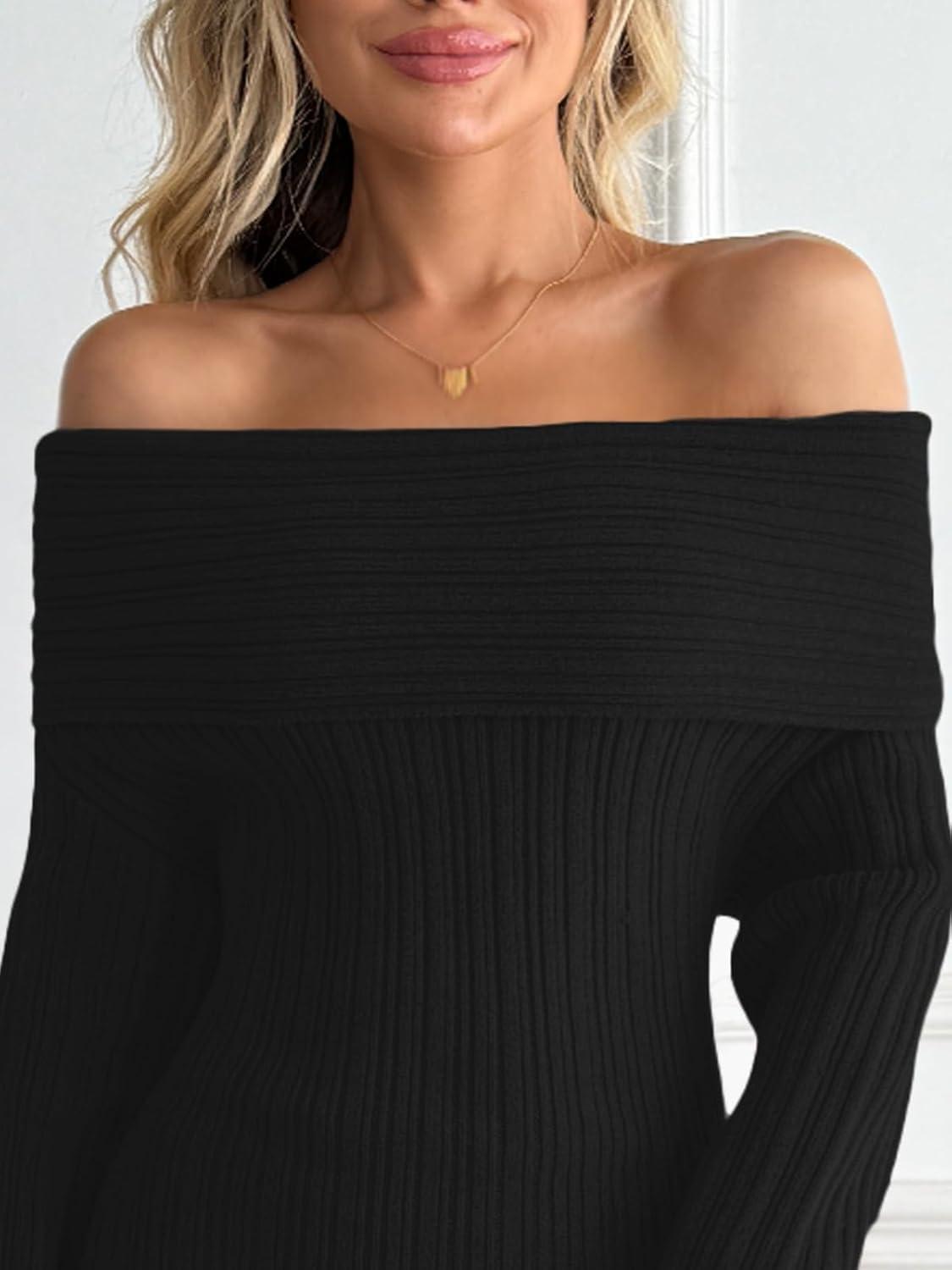 imageLILLUSORY Women Fall Off The Shoulder Baby Shower Midi Sweater Dress Wedding Guest Long Sleeve Bodycon Date Night OutfitBlack