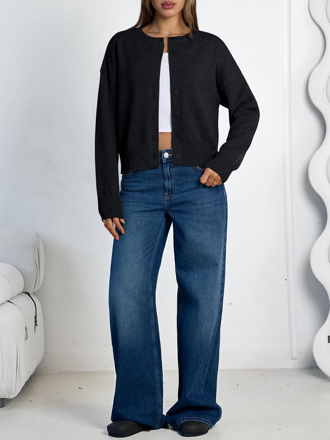 imageLILLUSORY Womens Cropped Cardigan Sweaters Lightweight Crop Knit Y2k Outfits Fashion Button Up ClothesBlack