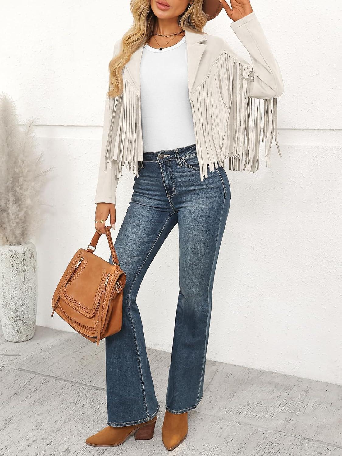 imageLILLUSORY Womens Cropped Fringe Faux Suede Leather Fall Jackets Western Cowgirl Country Concert OutfitsBeige