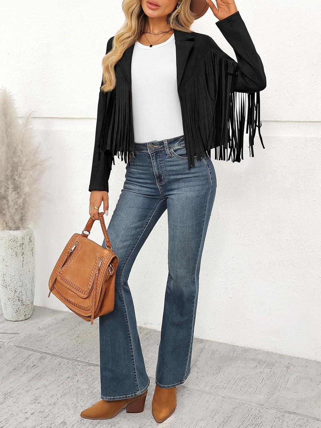 imageLILLUSORY Womens Cropped Fringe Faux Suede Leather Fall Jackets Western Cowgirl Country Concert OutfitsBlack