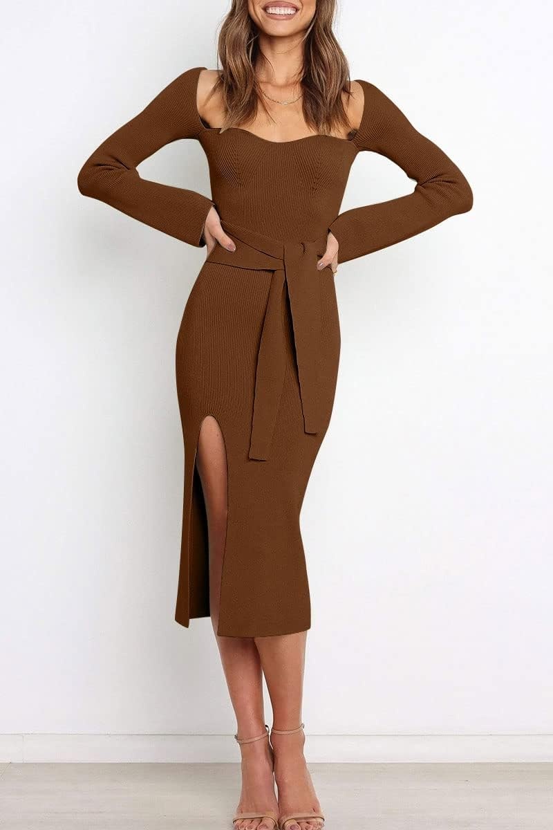 image:imageLILLUSORY Womens Sweetheart Neckline Midi Dress Long Sleeve Ribbed Knit Sweater Outfits with Slit and Belt 2024 SpringBrown