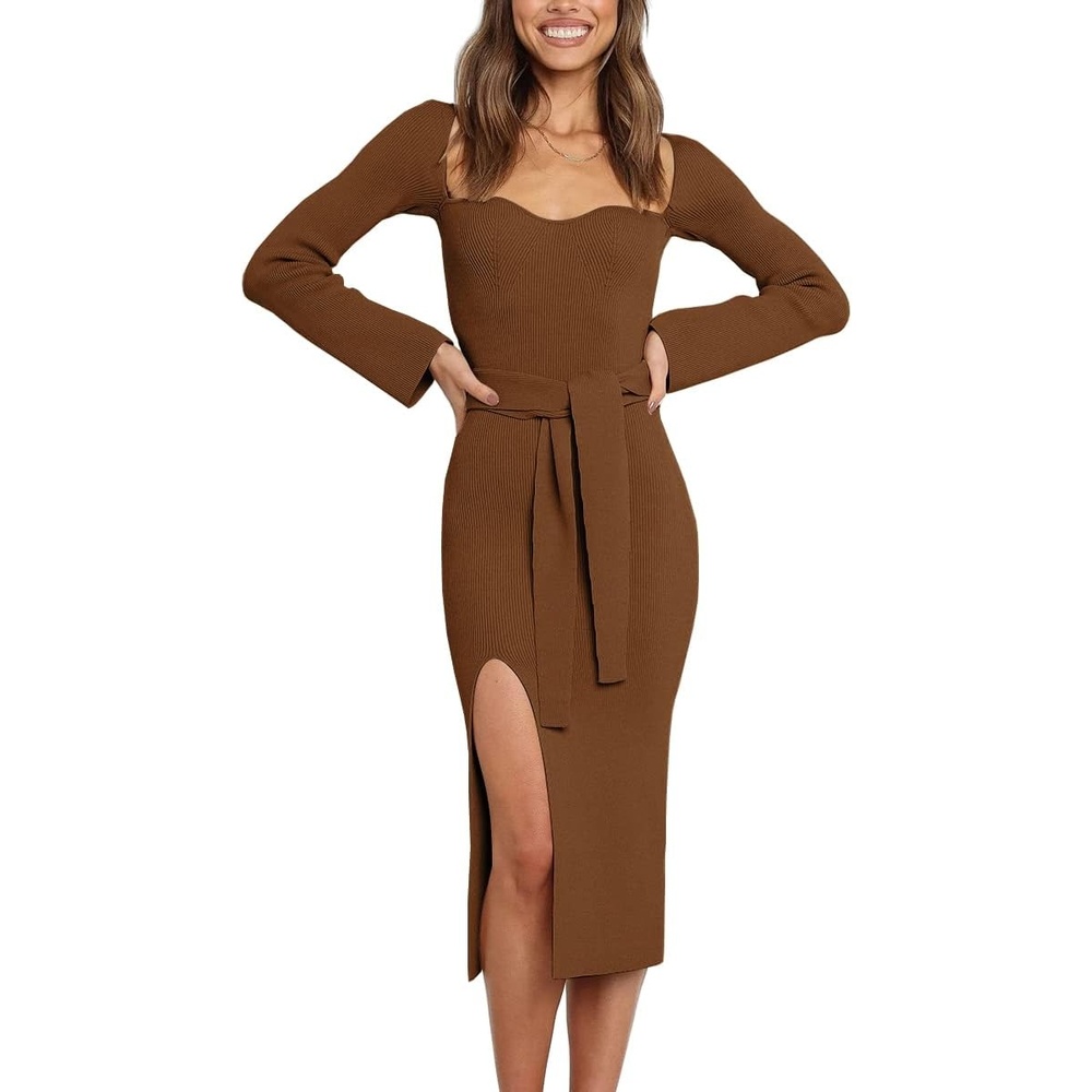 image:imageLILLUSORY Womens Sweetheart Neckline Midi Dress Long Sleeve Ribbed Knit Sweater Outfits with Slit and Belt 2024 SpringBrown